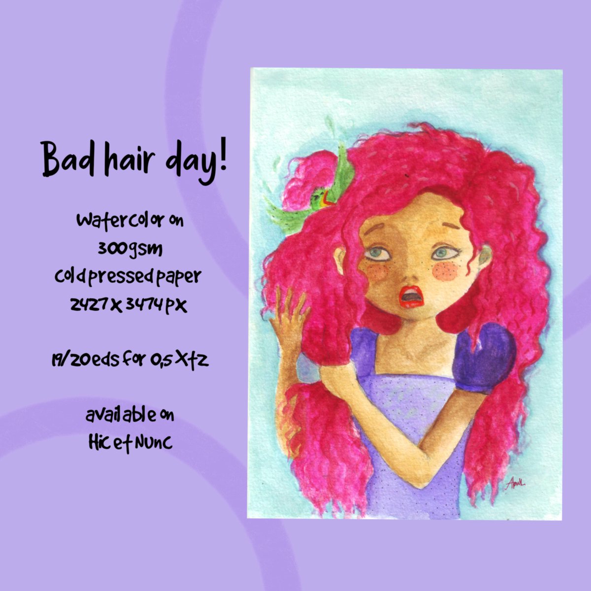 Abstud4's tweet photo. Hi, here is my genesis on hicetnunc.
Feel free to check it out! 

Bad hair day!
Watercolor on 300 gsm cold pressed paper 
2427 x 3474 px 

19/20 eds only for 0,5 Xtz 

#nft #tezos #hen #hicetnunc #teia #art

https://t.co/vyYh8huBHc
https://t.co/KHv9gdG2r4 https://t.co/HESyj38NcW