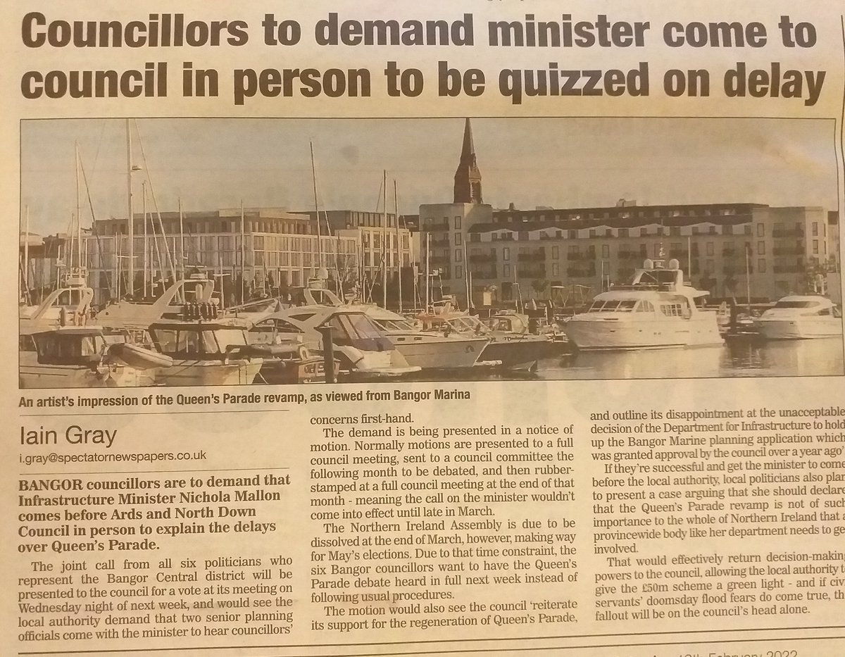Together we're bringing a Notice of Motion forward to <a href="/ANDborough/">ArdsandNorthDown</a> Council seeking the attendance of the Minister <a href="/deptinfra/">Department for Infrastructure</a> &amp; Chief Planner to explain the delay in progressing #QueensParade Development &amp; hear  elected members' concerns #NoMoreDelay #SupportBangor #Regeneration