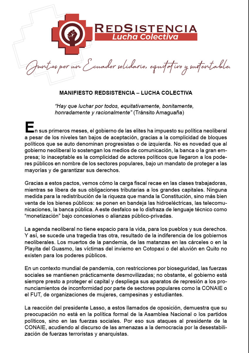 RedsistenciaEc's tweet photo. #Manifiesto  Compartimos el sueño colectivo que toma vida en cada espacio en que luchamos.  Es una invitación abierta para todas y todos a unirnos, a movilizarnos. Somos #RedSistencia  para construir un Ecuador solidario, equitativo y sustentable.  https://t.co/4jmlOXOlyM https://t.co/uQuFwPwetc