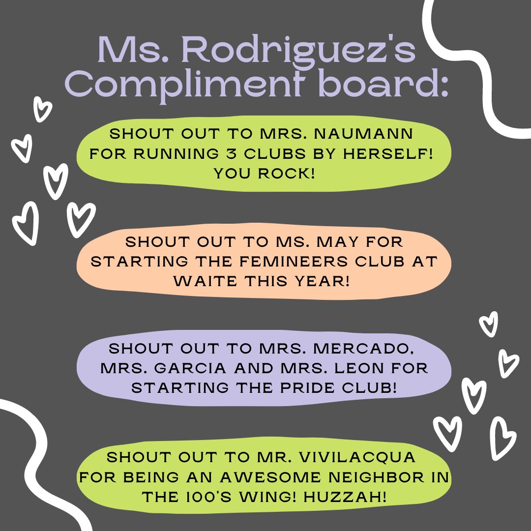Kindness Week highlight for Random Acts of Kindness Day: our compliment station outside our wellness room at lunch! Lots of kind and positive words being spread today at Waite! <a href="/jennyaamaya/">Jenny Amaya</a> #WaiteisGreat