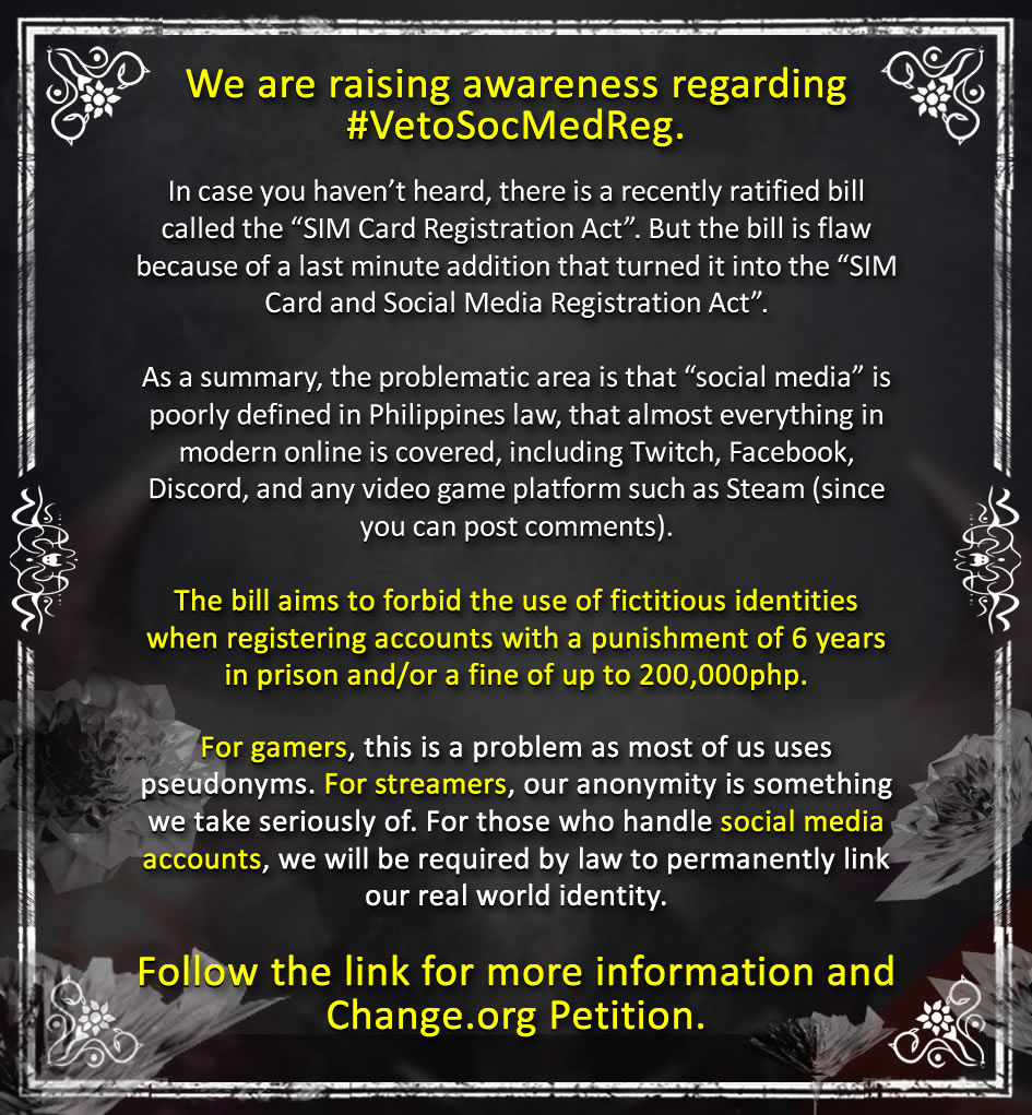 TeamGoodKnight's tweet photo. Hello PH Community, Netizens, Gamers, #PHVtubers.
We are raising awareness regarding #VetoSocMedReg.
We only have less than 28 days and even less in the possibility of this bill turning into law.
Read https://t.co/7HAyvXzlXu for more information and https://t.co/YH43JhiTxy. https://t.co/LsDyUxTiAC