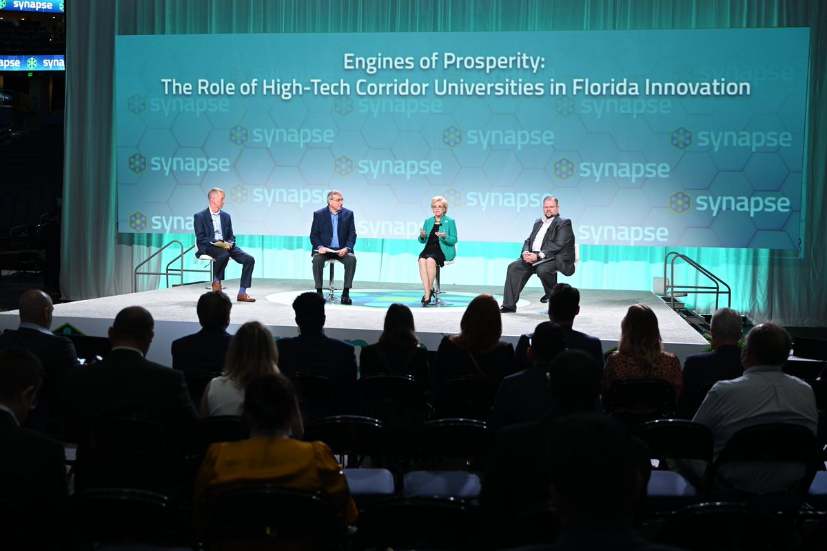 UCFCartwright's tweet photo. A day well spent! It was an honor to share the stage with @PresidentFuchs and @USouthFlorida's President Rhea Law at @SynapseFL celebrating @FloridaHighTech's 25-year legacy and commitment to "unleashing the region’s expotential" in our next 25+. #FLHighTech #SynapseSummit https://t.co/vpujgcAUiC