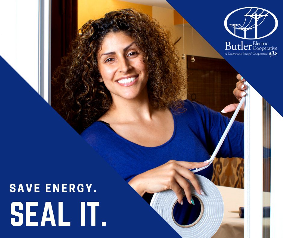ButlerKsElCoop's tweet photo. #HomeEfficiencyTip: Weatherstrip exterior doors and windows. Sealing air leaks around doors and windows saves energy and can reduce heating and cooling costs 10% to 30%. https://t.co/AB1gr5mLbl
