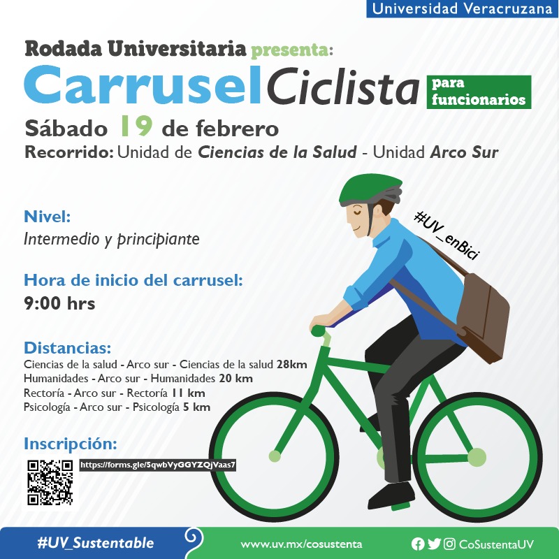 UVeracruzanaMx's tweet photo. .@CoSustenta invita a todos los funcionarios UV a participar en la próxima #RodadaUniversitaria, con nivel principiante e intermedio. 

Realiza tu inscripción en https://t.co/qFrCXUrehC

19 febrero | 09:00 horas

#UV_enBici https://t.co/U1oUbE6qSJ