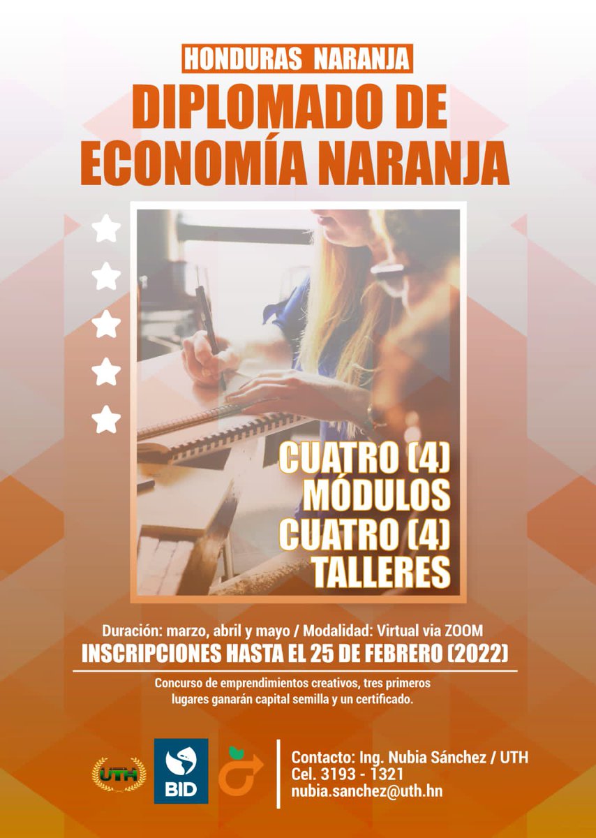 comcreativahn's tweet photo. Gracias @el_BID @UTHEDU por  ayudarnos a fortalecer los conocimientos en economía y cultura que tanto necesitamos para desarrollar el país. 
#economianaranja #economiacreativa #innovacion https://t.co/nnC9dVKSgv