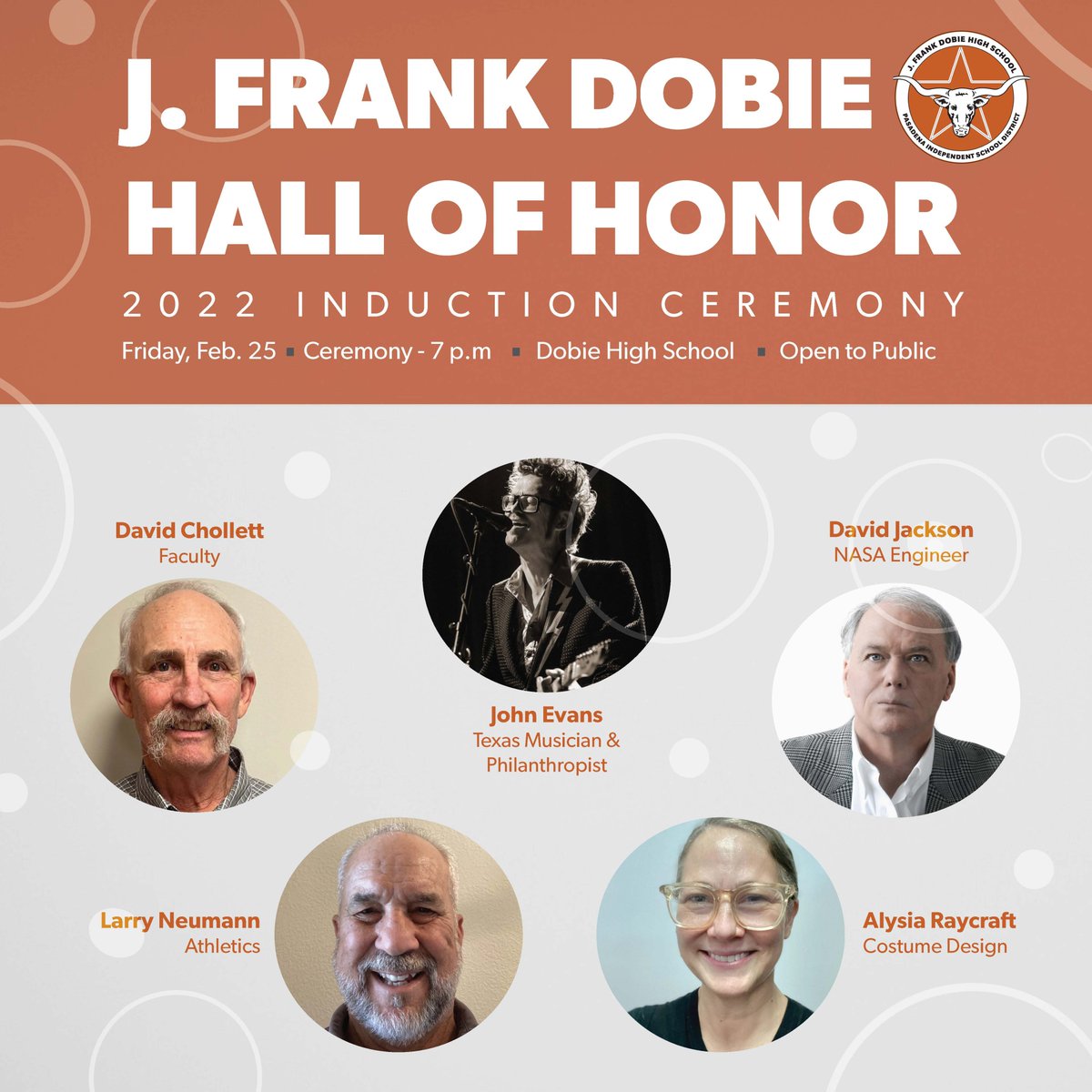 PasadenaISDAlum's tweet photo. * John Evans (1986), multi-award winning Texas musician, artist and philanthropist
* David Chollett, former faculty member and coach 
Read about the inductees here! https://t.co/emZ06VT7E6 https://t.co/8Fi9mRPN8G