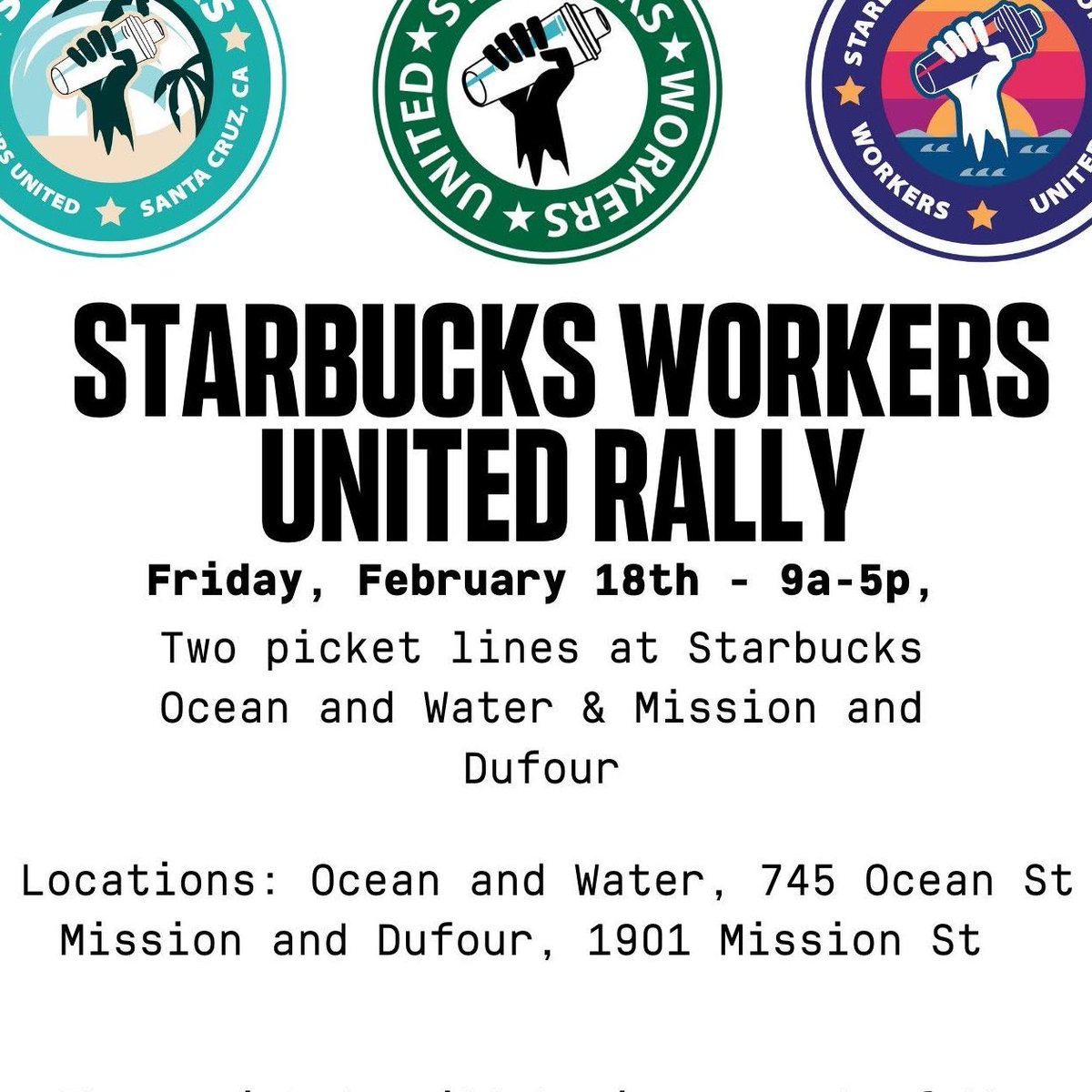 UCSCLectureLib's tweet image. Let's show some love and support to our local @SBWorkersUnited baristas tomorrow as they rally for the Memphis Seven #UnionizeStarbucks #1u #UnionStrong