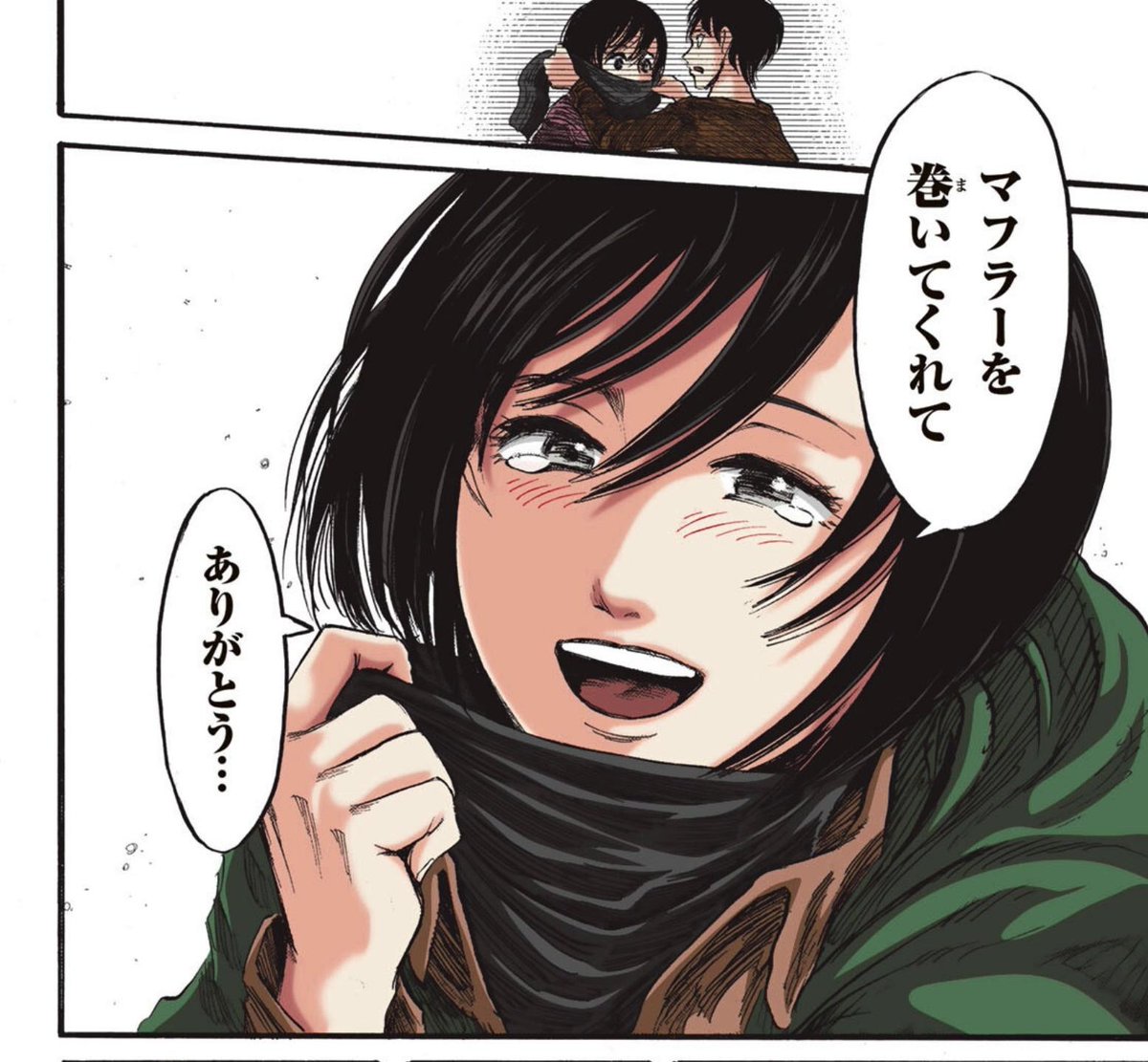 fshgrovalen's tweet photo. Uma curiosidade é que o famoso cachecol vermelho da Mikasa não é vermelho, não no mangá

em capas, algumas artes oficiais e páginas coloridas que contém a personagem, ele é preto

anime // mangá https://t.co/Vwmo45Mhtt