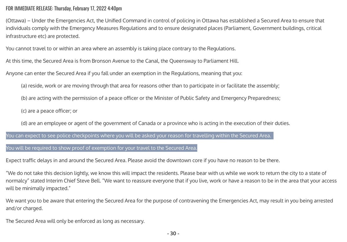 AndrewLawton's tweet photo. Justin Trudeau: "We're not suspending fundamental rights."

Ottawa police: "You can expect to see police checkpoints where you will be asked your reason for travelling within the Secured Area. You will be required to show proof of exemption for your travel to the Secured Area." https://t.co/p1DHfoBrGY