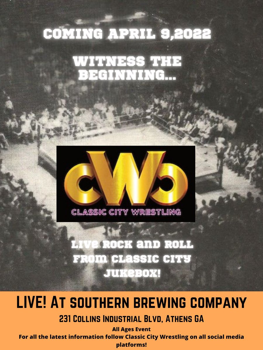 classiccitywrestling706 (@ccw706) on Twitter photo Did you hear the news? Classic City Wrestling has arrived! Join us April 9 in Athens Georgia at <a href="/southernbrewco/">Southern Brewing Company</a> for our inaugural event! Featuring live rock and roll from Classic City Jukebox! Did you hear the news? Classic City Wrestling has arrived! Join us April 9 in Athens Georgia at <a href="/southernbrewco/">Southern Brewing Company</a> for our inaugural event! Featuring live rock and roll from Classic City Jukebox!