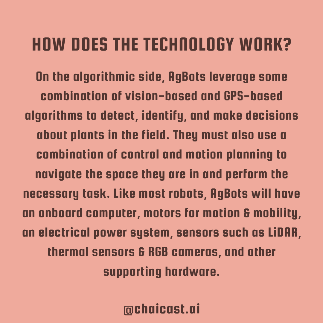 chAIcast's tweet photo. (1/2) Breaking down the tech: Agricultural Robots

Have you listened to our latest episode? We briefly discuss the potential for agricultural robotics to support existing tea plantations in India (and other areas of the world). https://t.co/qqy1dpsyv7