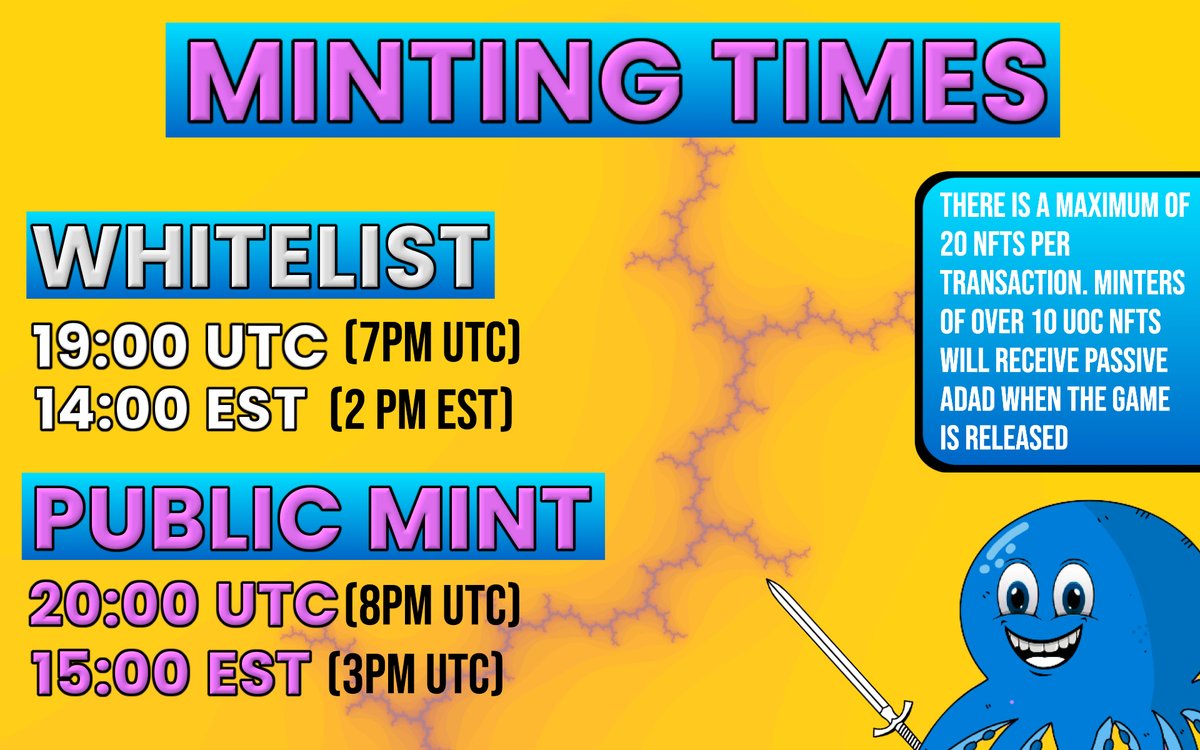 UOC_CNFT's tweet photo. 1000 Underground Octopuses will be minted tomorrow. The Whitelist mint will take place on Discord, the public mint will ONLY BE ON TWITTER! There will be an address to send the ADA to. No paywalls, no submitting wallet address'- simple and effective.

#NFT #CNFT #CardanoADA #Mint https://t.co/so12RvcidC