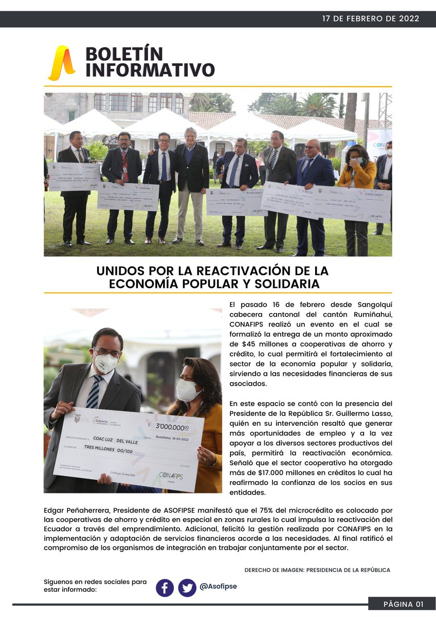 📍 𝗕𝗢𝗟𝗘𝗧Í𝗡 𝗜𝗡𝗙𝗢𝗥𝗠𝗔𝗧𝗜𝗩𝗢: <a href="/eomar_pg/">Edgar Peñaherrera</a>, Presidente de ASOFIPSE en el evento organizado por <a href="/CONAFIPS/">CONAFIPS 🇪🇨</a> ratificó el compromiso de los organismos de integración en trabajar conjuntamente por el fortalecimiento del sector, respaldando la reactivación económica del Ecuador.