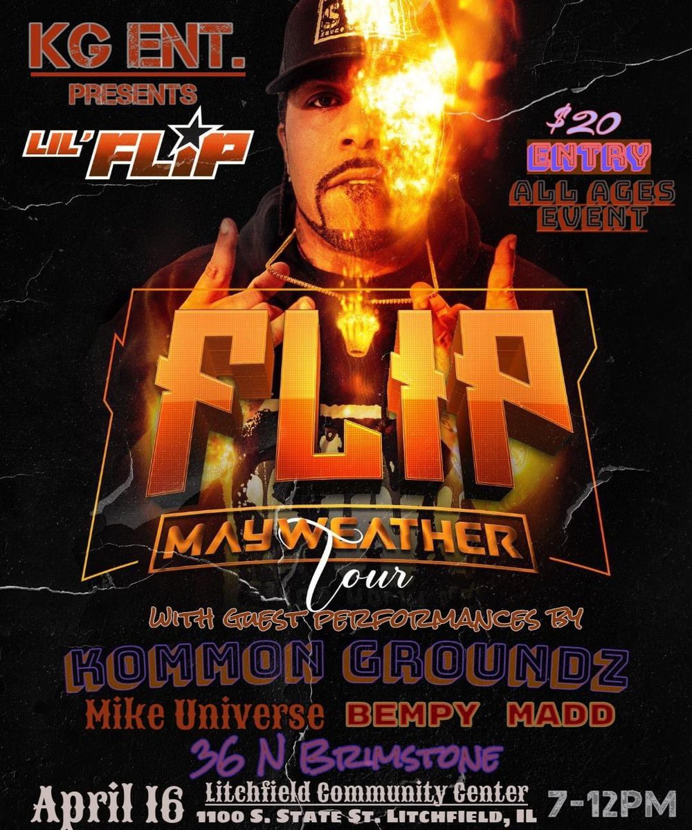 Y’all know we gotta kick off the spring into the summer time with some good entertainment ❗️April 16th we got @LilFlip713 in the building 🍀 if you in the area get at me for tix #litchfield #music #liveshow #rap #rappers #show #lit