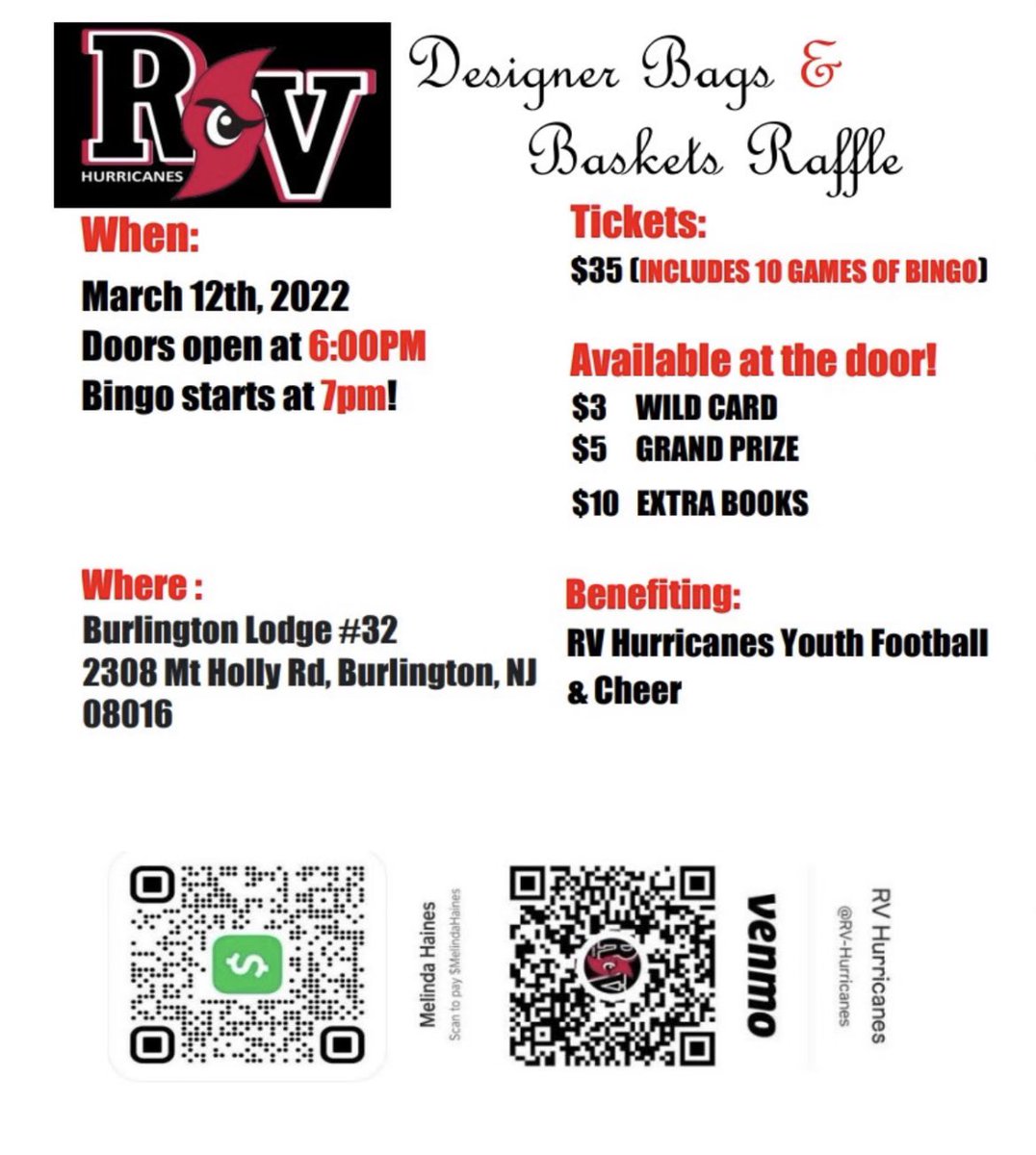 Designer Bag Bingo 👛Tory Burch, MK, Coach & Kate Spade, 40+ tricky tray baskets each valued at $100 or more, 50/50, door prizes, BYOB and BYOF ❤️🖤🤍 Contact Melinda Haines or Nicole Gunter for tickets 🎟 Payment Options: Venmo, cash app, Apple Pay and Zelle