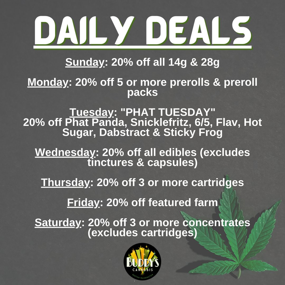 BuddysPotShop's tweet photo. Buddy's Cannabis Daily Deals start 2/18. The Friday Featured Farm is Artizen Cannabis https://t.co/v2v0w62S9D
