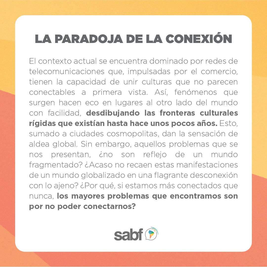 🇪🇸 Nos estamos aproximando a la apertura de aplicaciones para el próximo SABF 2022, y queremos compartirles el segundo subtema para esta edición. ¡Estén atentos que habrá más noticias pronto!

#sabf #sabf2022 #paradoja #conexion #conference #debate #itba
