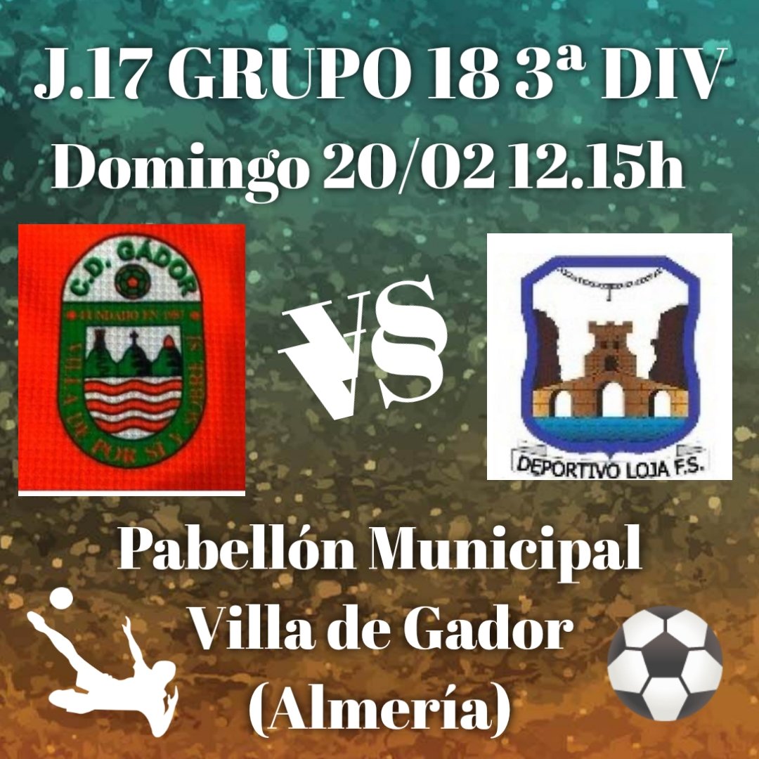 🏆 3a DIV. MASC. (J17)
📆 Domingo 20/02/22
⏰ 12:15
📍 GÁDOR (Almería)
🏟 P. M. Villa de Gador
🆚 <a href="/CDGador/">𝐂𝐥𝐮𝐛 𝐃𝐞𝐩𝐨𝐫𝐭𝐢𝐯𝐨 𝐆𝐚́𝐝𝐨𝐫</a>
#Trabajo&amp;Ilusión
#VamosLoja