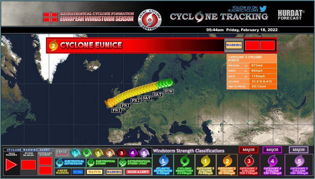 JointCyclone's tweet photo. #CycloneEunice Advisory 11
Max Winds: 90mph
SSWS: C2
MSLP: 973mb
#Eunice slightly weakened, expected to makes landfall over Ireland. Forecast to become a Category 1 cyclone later today... #StormEunice https://t.co/Cu4kHAaluf