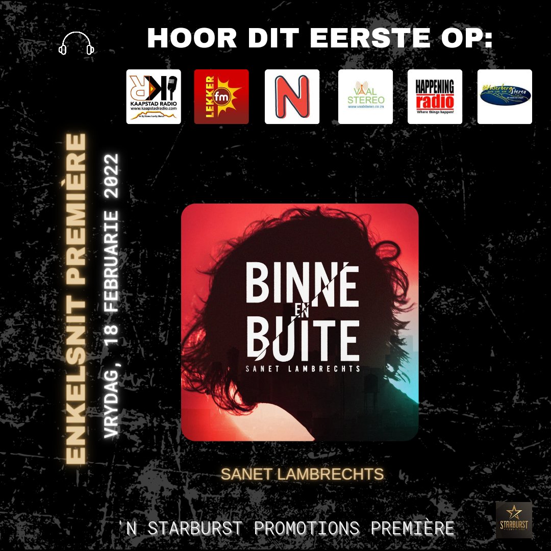 🎧 Luister uit vir SanetMusic se lekker enkelsnit #BinneEnBuite wat vandag vir die eerste keer op hierdie radiostasies speel! #FirstPlay #EersteSpeel #HoorDitEerste 

<a href="/KaapstadRadio/">Kaapstad Radio</a> <a href="/lekkerfm/">LEKKER FM 98.3</a> #Nova1035 <a href="/VaalStereo/">Vaal Stereo</a> <a href="/HappeningRadio/">Happening Radio</a> <a href="/WaterbergStereo/">Waterberg Stereo</a>