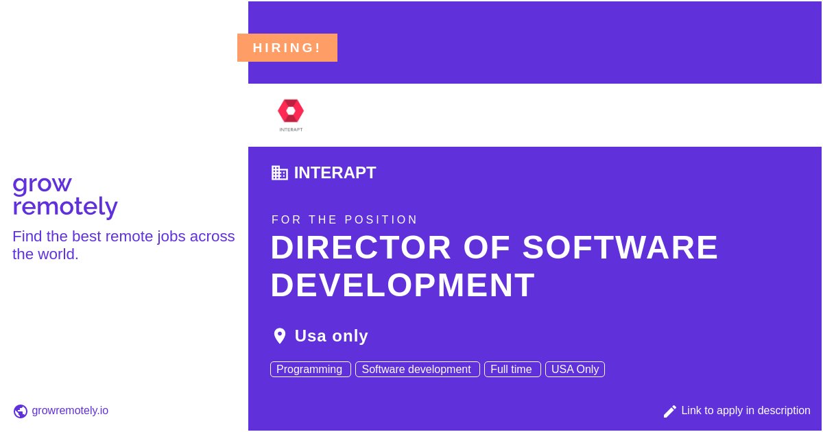 growremotelyio's tweet image. Check out this job at Interapt for the position Director of Software Development.

 Apply link: growremotely.io/?id=620ee40fc8…

#hiring #remotejobs #Interapt #Programming