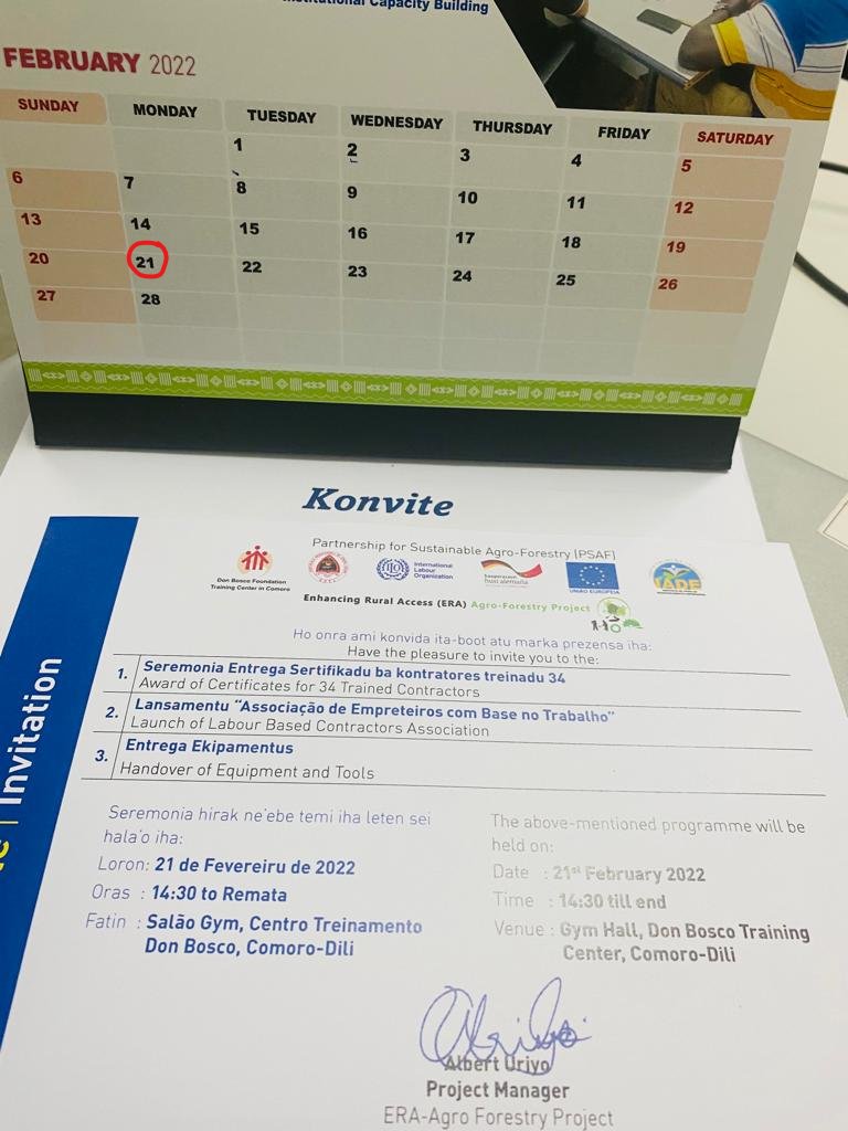 ERA_AF_TL's tweet photo. Launch Ceremony of Contractors’ Association and Supports Interventions for Contractor Sustenance take place on 21st February 2022 at Gym Hall, Don Bosco Training Center, Comoro, Dili.

The project is funded by @EU_TimorLeste  and implemented by @ilo. https://t.co/YHLeGhDd6C