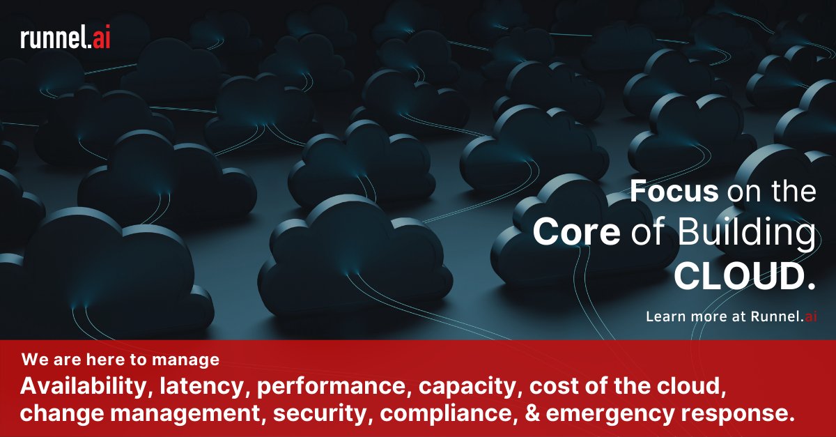 runnelai's tweet photo. Focus on the core of building CLOUD. We are here to manage availability, latency, performance, capacity, cost of the cloud, change management, security, compliance, and emergency response. Learn more at https://t.co/mDVedfEJBh #AI #SRE #IAC #IAAC #CICD #DEVOPS #24x7 #CLOUD https://t.co/MgRo0Gng47