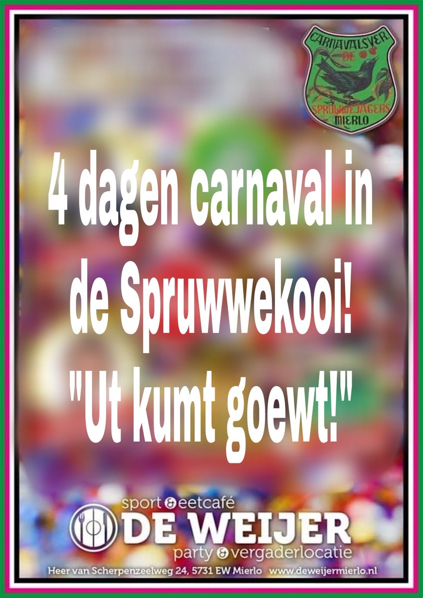 🎭Carnaval gaat door! 🎭 Het programma komt binnenkort online maar zeker is dat de vaste knallers zoals de 🅚🅘🅝🅓🅔🅡🅜🅘🅓🅓🅐🅖 op zondag en 2,5 🆄🆄🆁🅺🅴🆂 🅰🅲🅷🆃🅴🆁🅰🅵 op dinsdag er weer in zitten. We gaan 4 dagen knallen onder het motto "Ut kumt goewt!"