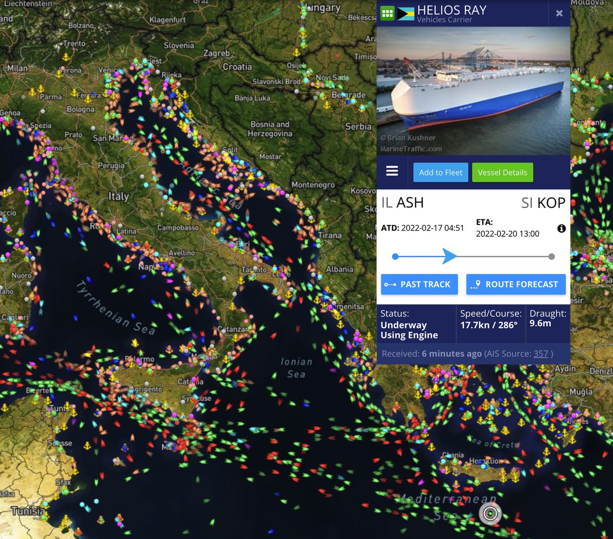 FMossotto's tweet photo. #HeliosRay has left Ashdod directed to Koper (SI), where it should arrive on Sunday.
First ship unloading Teslas at Koper in Q1. 

#8 ship in Q1
(#6 for EU | #6 from SHG)

$TSLA #Tesla #Model3 #ModelY #TeslaCarriers
https://t.co/AIr2qLq95e https://t.co/nOemL0fWBS