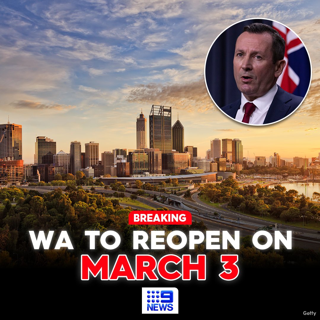 9NewsPerth's tweet photo. #BREAKING: Western Australia will finally rejoin the rest of the nation on March 3, bringing down its hard border.

Premier Mark McGowan has just made the announcement, after the state recorded 194 new local infections.  #9News https://t.co/4InV7mSdse