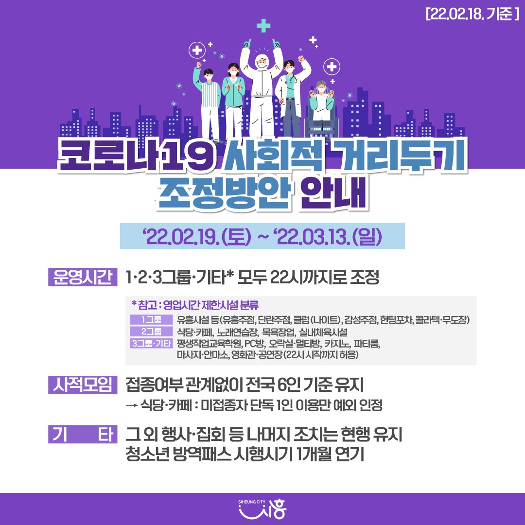 [2022.02.19.(토)~03.13.(일)] 코로나19 사회적 거리두기 조정방안 안내

🔎 자세한 내용은 시흥시 블로그에서 확인해주시기 바랍니다.
blog.naver.com/siheungblog/22…