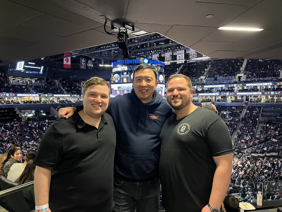 AndrewYang's tweet photo. Congrats to Anthony and Steven Clinque the winners of the @allinchallenge #allinchallenge @garyvee for Covid relief! Sometimes being a good person pays off in @brooklynnets tickets. 😀🏀 https://t.co/X94foZ8cdv