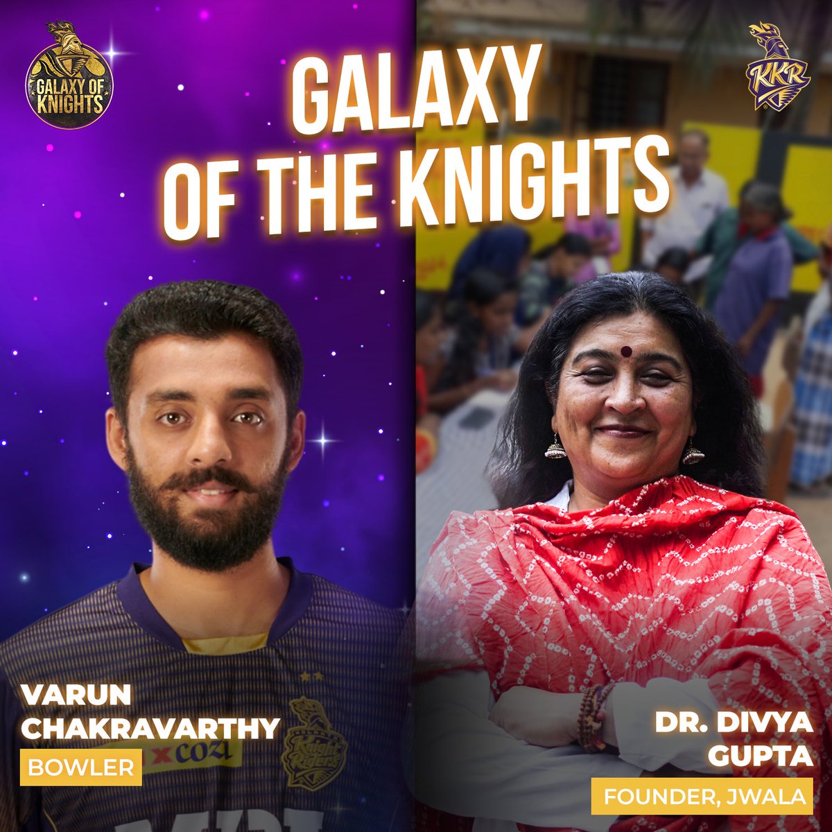 KKRiders's tweet photo. While Varun is a vital cog in the #GalaxyOfKnights' bowling attack, we would like to introduce to you Dr. Divya Gupta and her Jwala foundation.

#KKR #AmiKKR #GalaxyOfKnights https://t.co/X0T5OHPs12