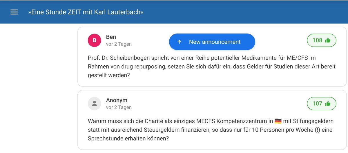 BettinafightsME's tweet image. Aktion "1 Std. mit Karl Lauterbach": die Möglichkeit, vorab Fragen an den #Gesundheitsminister zu stellen, wurde kürzlich geschlossen. Weiter möglich ist jedoch das #UPVOTING von bereits gestellten Fragen z.B.👇! Liebe #PwME bitte votet #MECFS hoch unter 👉app.sli.do/event/uQ4pTLJs…