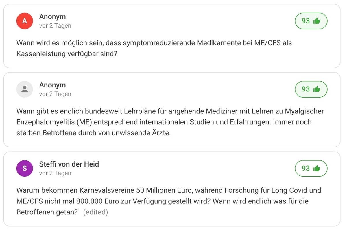 BettinafightsME's tweet image. Aktion "1 Std. mit Karl Lauterbach": die Möglichkeit, vorab Fragen an den #Gesundheitsminister zu stellen, wurde kürzlich geschlossen. Weiter möglich ist jedoch das #UPVOTING von bereits gestellten Fragen z.B.👇! Liebe #PwME bitte votet #MECFS hoch unter 👉app.sli.do/event/uQ4pTLJs…