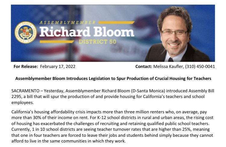 AsmRichardBloom's tweet photo. CA school districts own <75k acres of land potentially suitable for housing. #AB2295 would make it easier for districts to build housing on land they already own without displacing active school facilities to meet the current housing crisis & addressing teaching shortages. 1/3 https://t.co/YCEtNjPid6