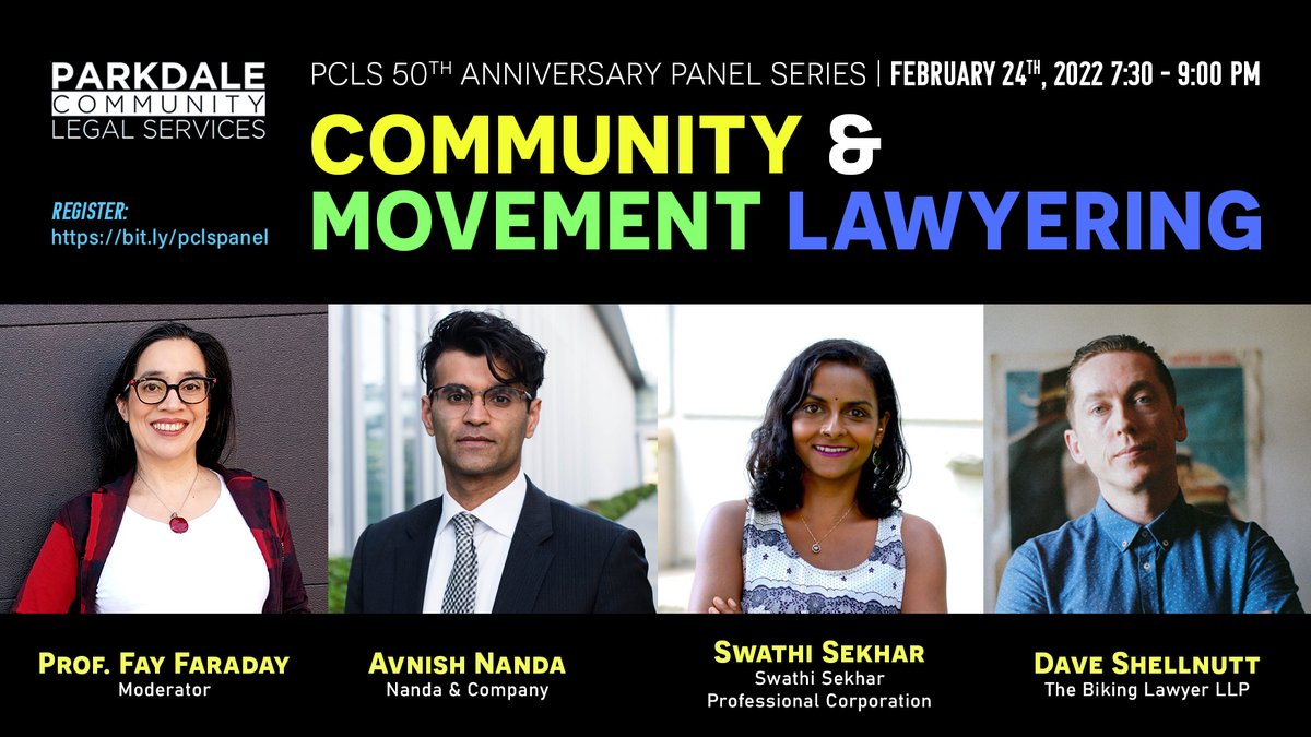 ParkdaleLegal's tweet photo. Join us for a roundtable discussion moderated by @FayFaraday on community and movement lawyering with @avnishnanda, Swati Sekhar and @TheBikingLawyer. 

Feb 24th from 7:30-9pm. Register here: https://t.co/4dylW2lgZH https://t.co/xSE14KU6Lm