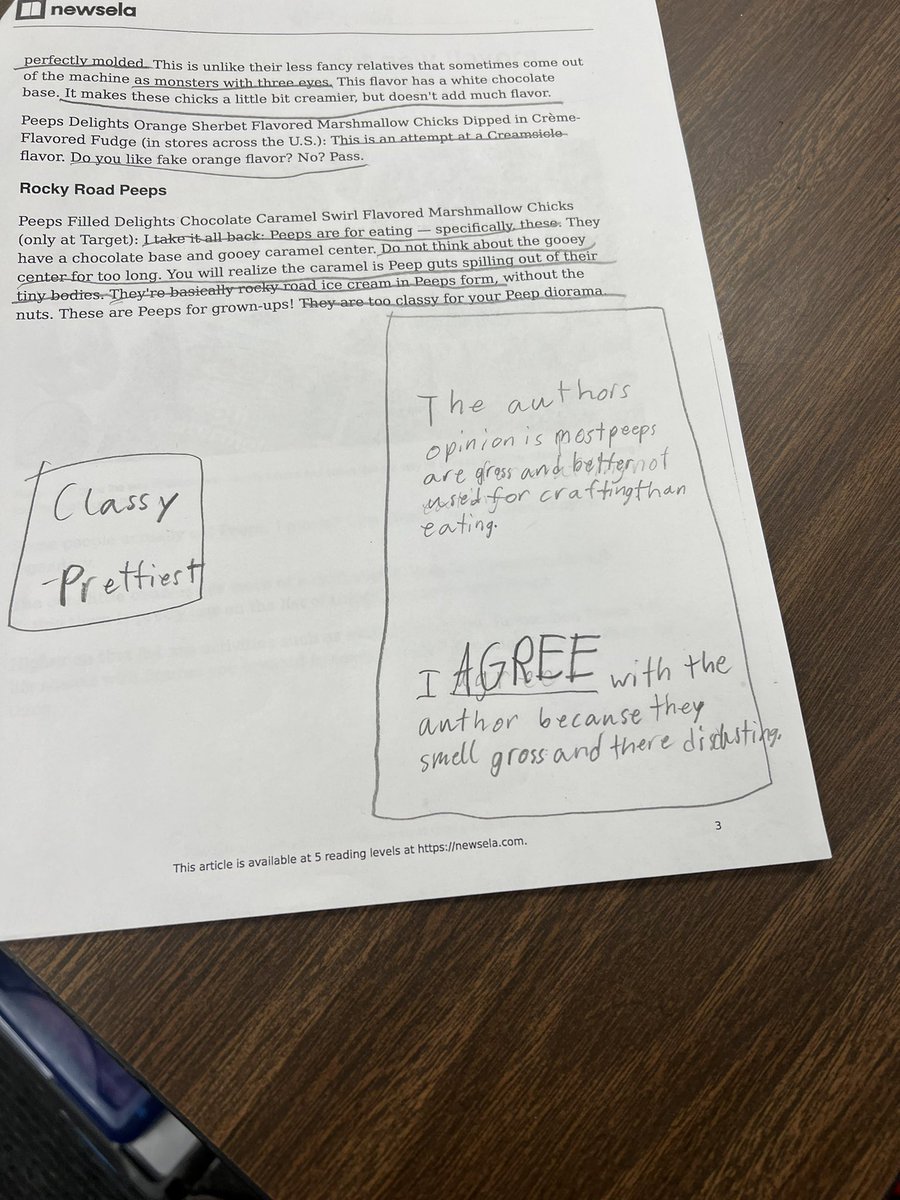 CopesClassroom's tweet photo. After reading an article about Peeps, students determined the author’s opinion. Students then sampled a flavored Peep and compared their opinion to the author’s opinion. @MatthewMillerpe @kcox132 https://t.co/hBbQezo4Yg