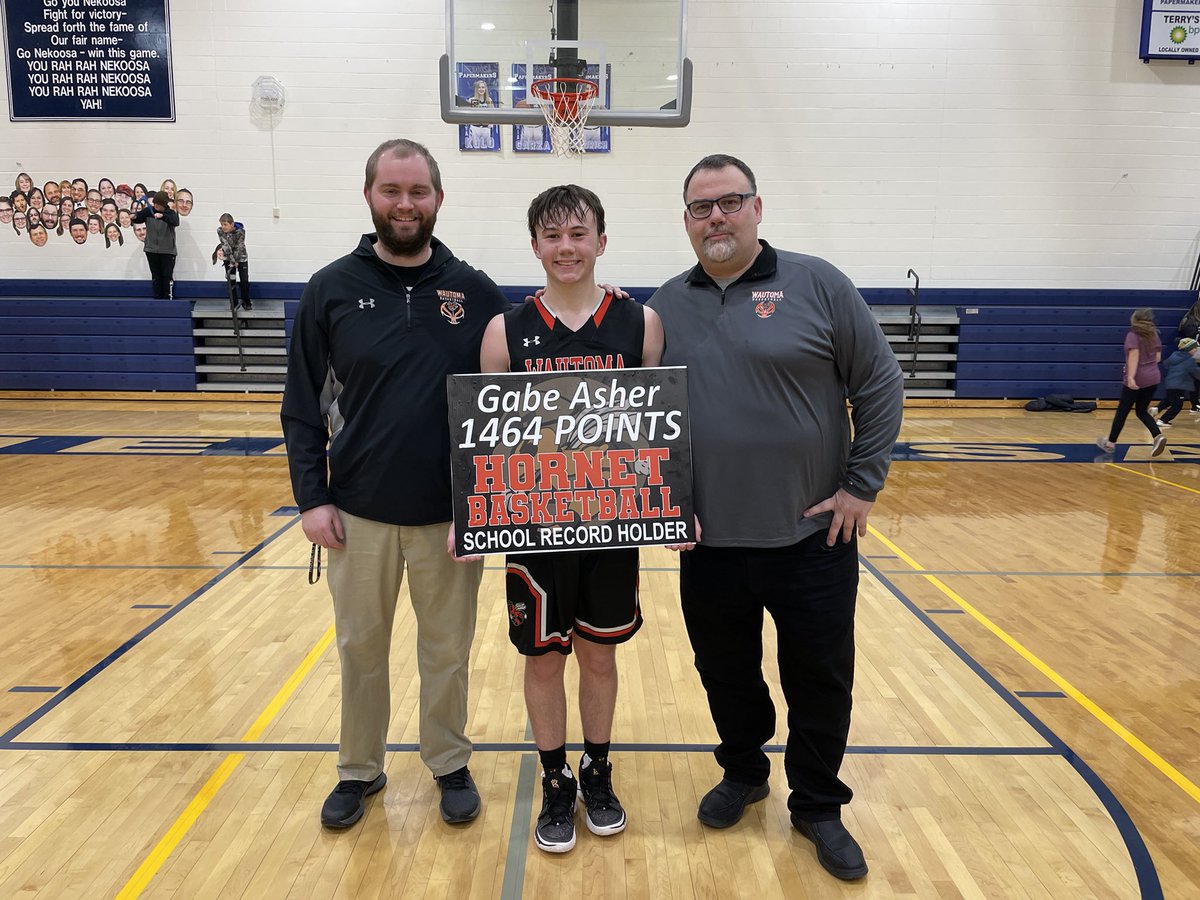 WautomaBoysBB's tweet photo. CONGRATULATIONS to @gabe_ascher24 who broke Wautoma’s ALL TIME SCORING RECORD in tonight’s 85-42 win over Nekoosa! 

1464 CAREER POINTS AND COUNTING! 

@gabe_ascher24 finished with 34pts on 14-25fgs 6-14 3’s, 9ast and 6rebs! 

Congrats Gabe! 

#TogetherWeSwarm
@WisBBYearbook https://t.co/edCu3OAX9k