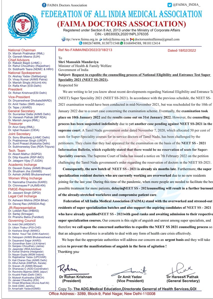 FAIMA_INDIA_'s tweet photo. Requesting Hon'ble Minister,
@MoHFW_INDIA,GOI @mansukhmandviya to expedite the counselling of NEET SS academic batch 2021,which is already delayed by 6 months.
Super specialists doctors are tired and exhausted.Kindly intervene ASAP! 
@DghsIndia @ANI
#ExpediteNEETSScounselling2021 https://t.co/4zK9omsNMW