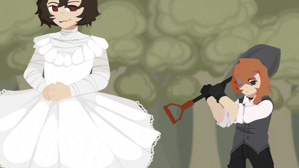 friedmxckerel's tweet photo. for @sofuckingmoe, from "the usual fairytale"!!! princess (?) snow white dazai twirling away from chuuya (who has a shovel) <333333333 read it here!!: https://t.co/nRuCVk2qTN https://t.co/6KxrW0xuo8