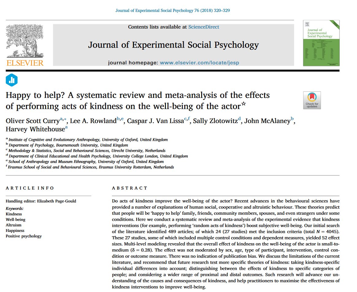 emollick's tweet image. Being kind to others makes us happy.

A large-scale meta-analysis on 27 experiments finds that helping others does, indeed, increase our own happiness, with no evidence of publication bias. The effect is significant, but relatively modest in size. sciencedirect.com/science/articl…