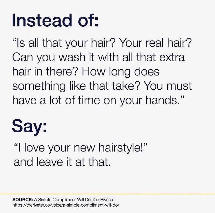 3 ways to compliment a Black woman’s hair brought to you by <a href="/thecrownact/">The CROWN Act</a> for #nationalcomplimentday 💁🏽‍♀️👸🏾👑