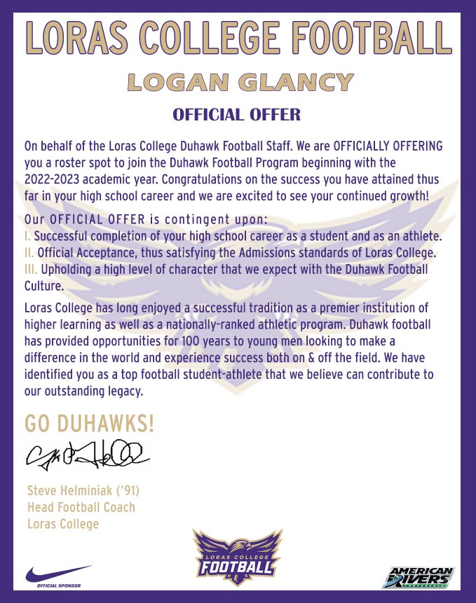 loganglancy1's tweet photo. @CoachJPWR Beyond blessed to have received my first offer from Loras College!! 🙏 Thank you https://t.co/h0flB7Zfll