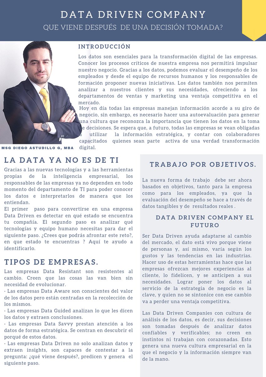 dbastudillo911's tweet photo. La empresa orientada a los datos hace preguntas críticas sobre el negocio, para que sean resueltas   a través de los datos. ¿Si invierto un 20% más en publicidad aumentará la conversión y mi retorno de inversión?..,  les dejo mi artículo de data driven company el futuro. https://t.co/vSLXFzdZcH