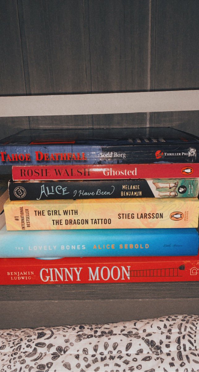 wickedboring's tweet photo. my TBR pile at my parent’s house……also I bought the lovely bones at home on Saturday I found it at the thrift store so I was like heck ya. Just to find I already bought a copy 3 months ago 🥲 a copy for each coast! https://t.co/IvFezA96Zm