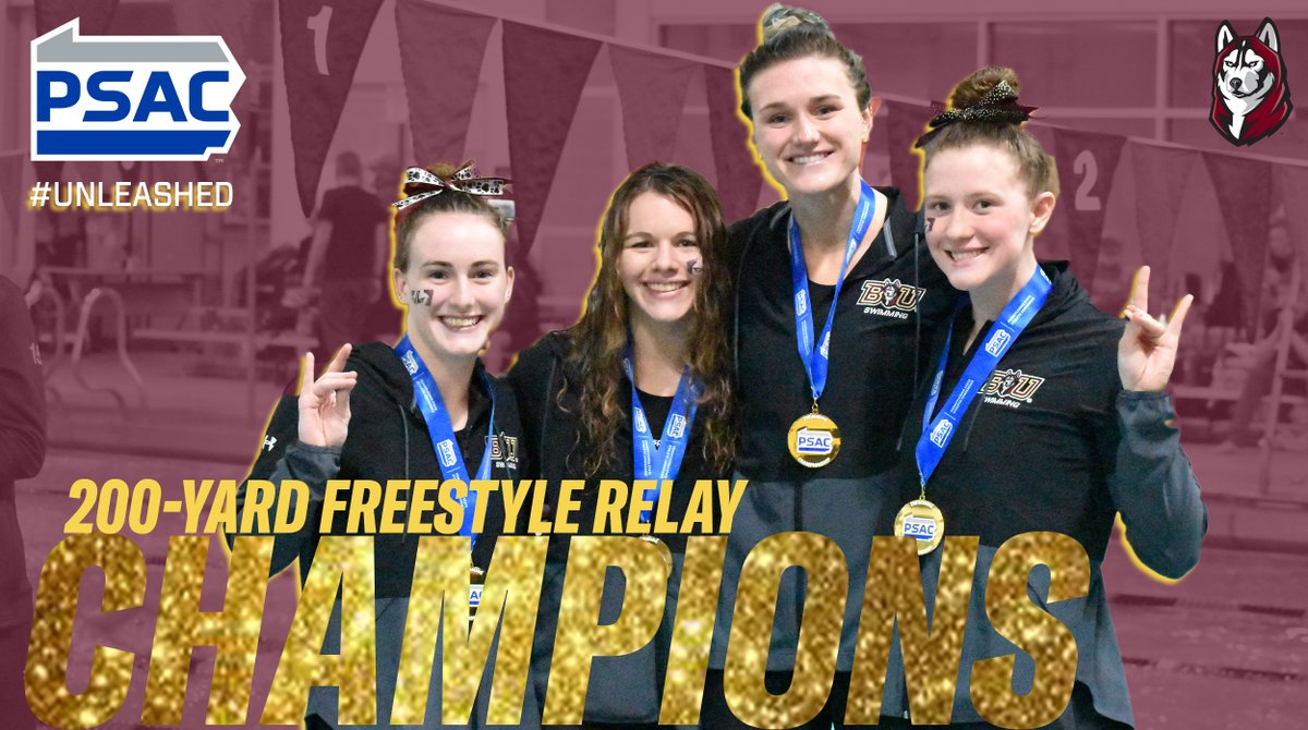 GoBUHuskies's tweet photo. WSWIM: Sydney Lloyd, Grace Beierschmitt, Lindsay Mooney, and Courtney Courtney defended their title in the 200-yard freestyle relay Thursday night at the @PSACSwimming championships with an NCAA 'B' cut time of 1:33.98 and just edged out WCU but 0.01! #Unleashed https://t.co/d6MXeqKB0Y