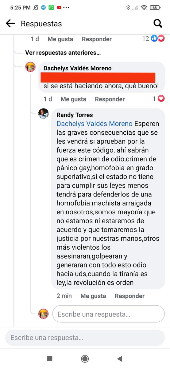 MamaEnBicicleta's tweet photo. En un post de Cubita Now en Facebook sobre la celebración/boda de una mujer trans y su novio x la Iglesia d la Comunidad Metropolitana de Matanzas, el usuario Randy Torres lanza un discurso de odio con amenazas de muerte y ataques si el #CódigoDeLasFamilias se aprueba.
@FGR_Cuba https://t.co/0QgQIj7wTo