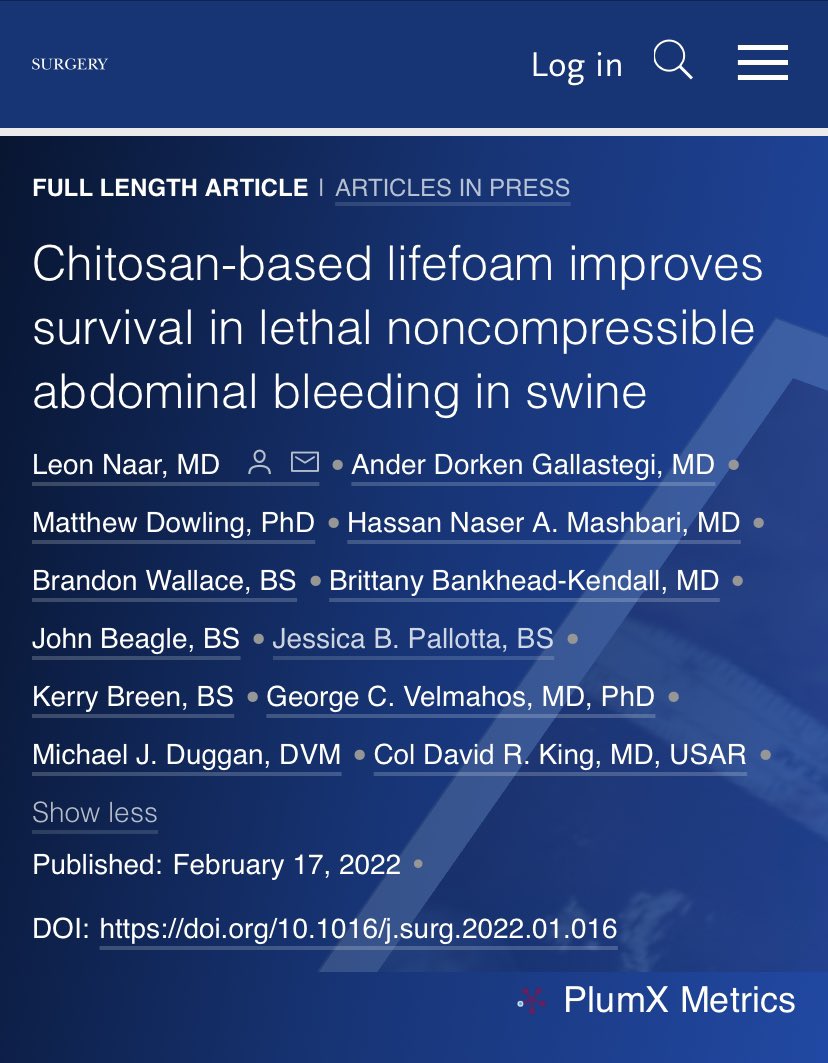 SurgJournal's tweet photo. Chitosan-based lifefoam improves survival in lethal noncompressible abdominal bleeding in swine 

@leon_naar @kerry_breen @MGHSurgery @TraumaMGH @traumadoctors @EAST_TRAUMA @WesternTrauma @Me4Trauma #SoMe4Surgery 

https://t.co/Me9v1fpuq1 https://t.co/EFDkorPrNW