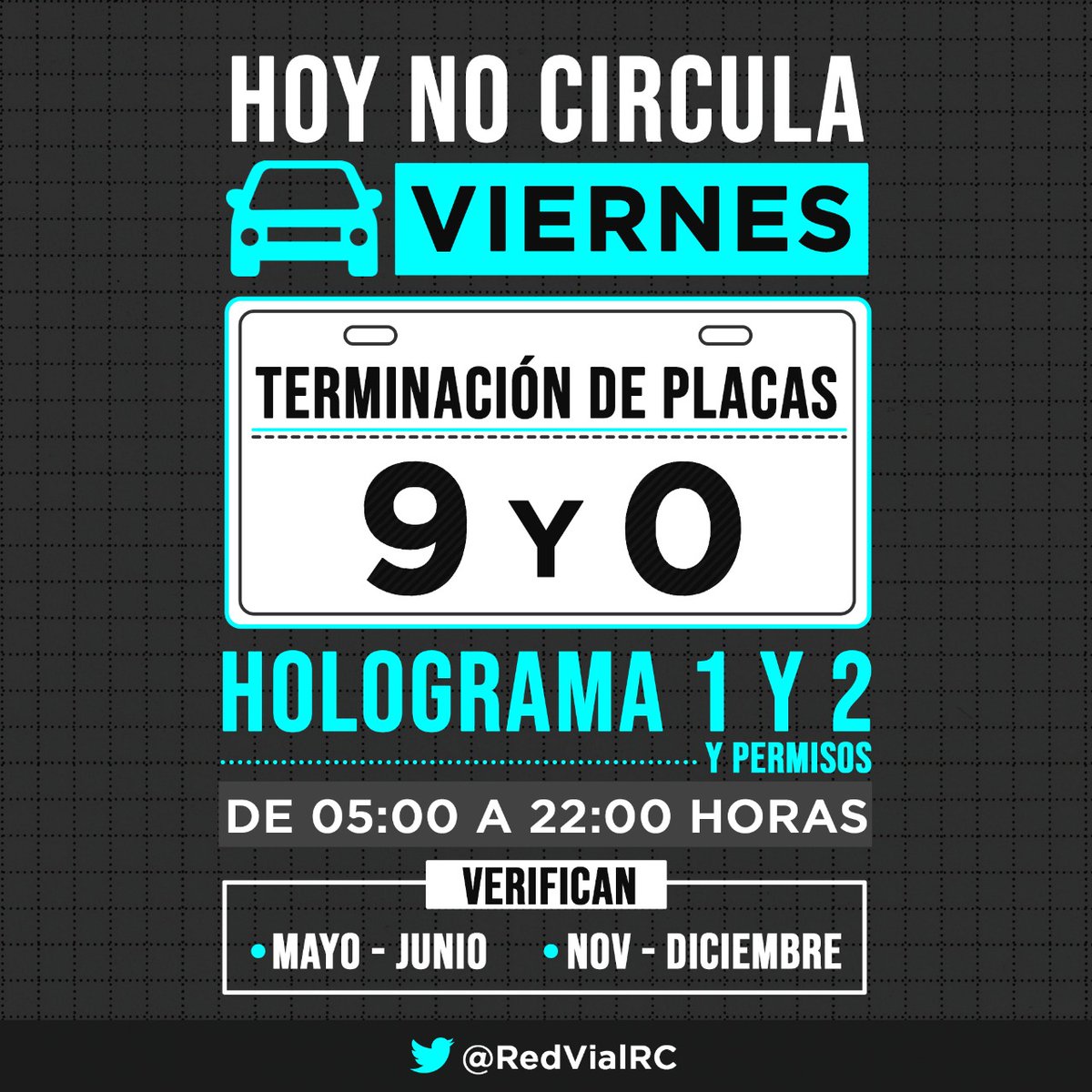 RedVialRC's tweet photo. ¡Excelente noche!
Recuerda que mañana el programa #HoyNoCircula aplica para los autos con engomado azul, terminación de placas 9 y 0 con hologramas 1 y 2.
¡Evita infracciones!
#TipsRVial https://t.co/zhoO9LZgxs